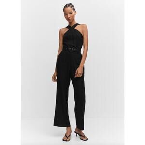 Mango Linen Halter-neck Jumpsuit with belt Black